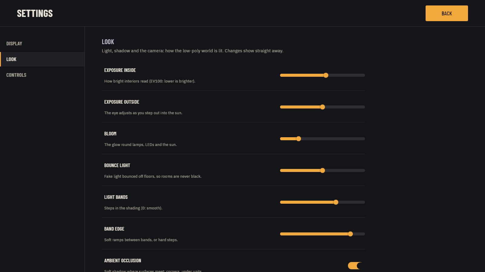 Settings: every part of the look can be tuned